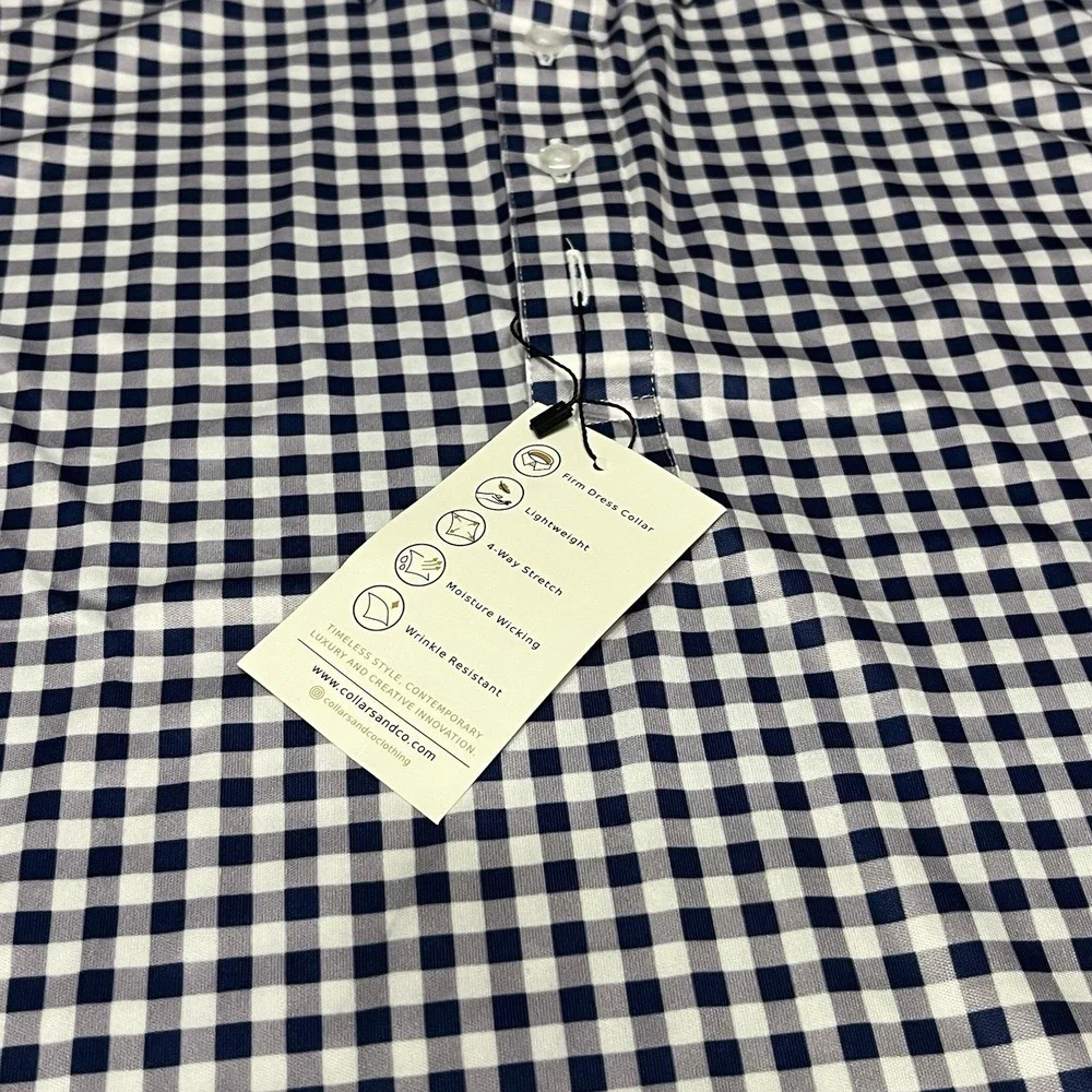 NWT Collars and Co Dress Collar Polo Shirt Mens LT TALL Navy Blue Gingham - Picture 5 of 7